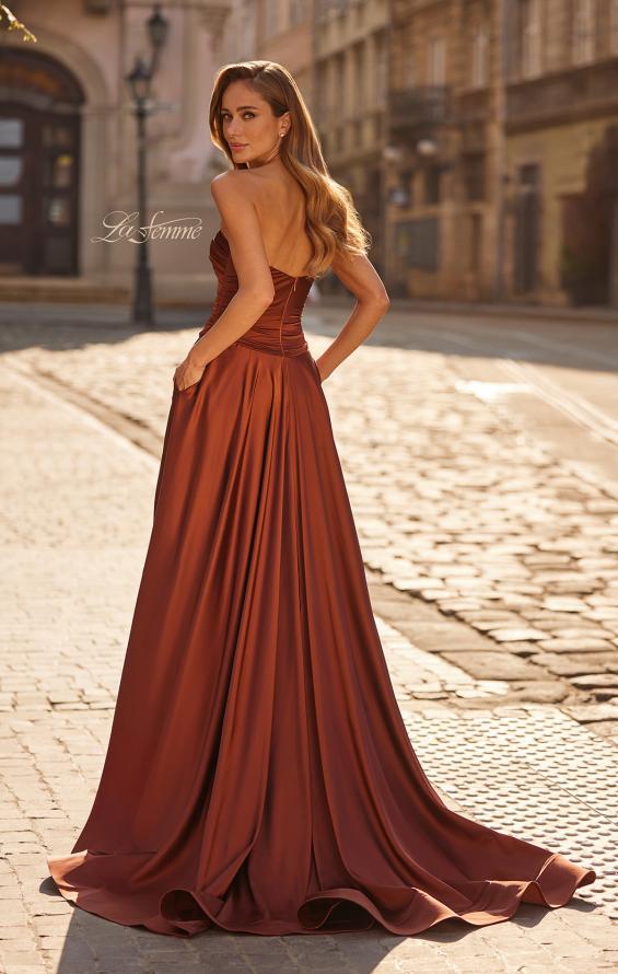 Brown Picture of: Strapless Satin A-Line Gown with Draped Bodice and High Slit in Copper, Style: 33417, Back Picture