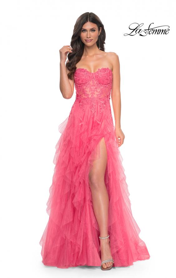 Picture of: A-Line Ruffle Tulle Prom Dress with Lace Bustier Bodice in Orange, Style: 32286, Main Picture