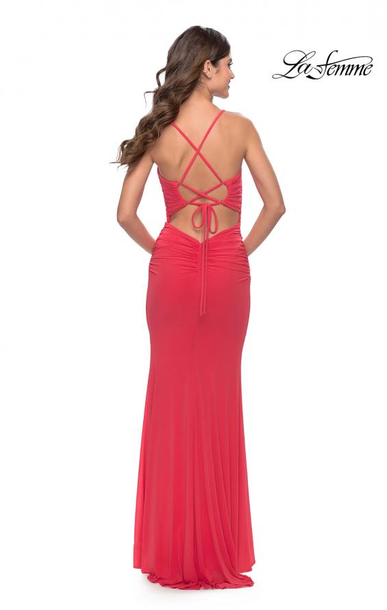 Picture of: Net Jersey Gown with Jeweled Detail in Deep V Neckline in Neon in Coral, Style: 31424, Back Picture