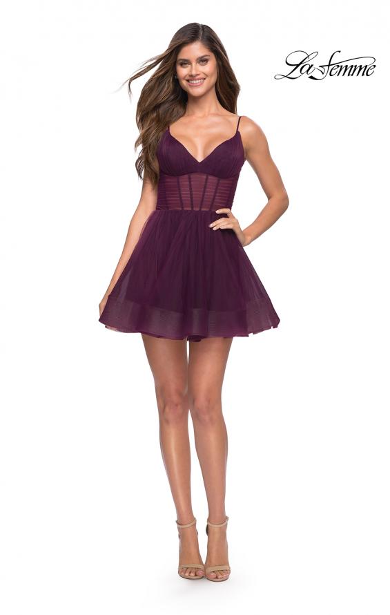 Picture of: Corset Fit and Flare Dress with V Neckline in Dark Berry, Style 30941, Detail Picture 8