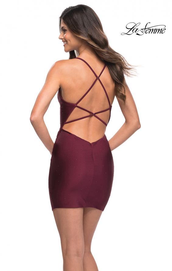 Picture of: Simple Short Beaded Jersey Dress with V Neck in Dark Berry, Back Picture
