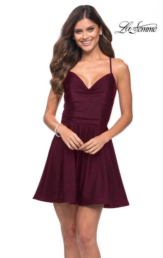 Picture of: Jersey Fit and Flare Dress with Draped V Neckline in Dark Berry, Detail Picture 1