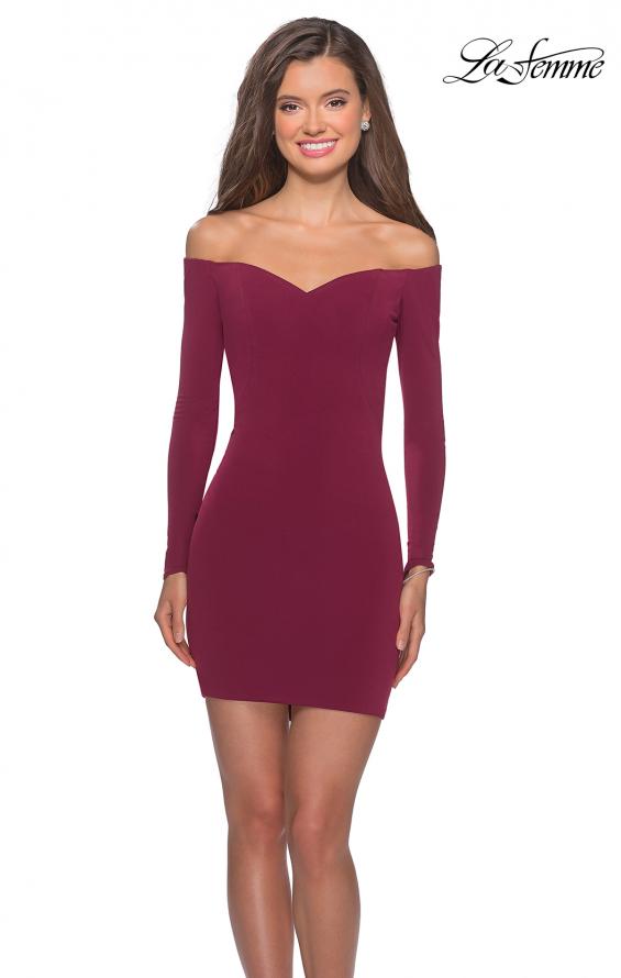 Picture of: Off The Shoulder Long Sleeve Dress with Lace Up Back in Burgundy, Style: 28212, Detail Picture 2