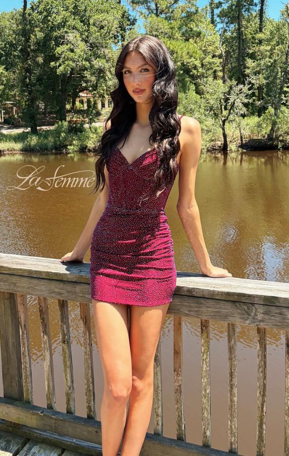 Purple Picture of: Sparkling Ruched Bodycon Mini Dress in Dark Berry, Style: 33235, Detail Picture 2