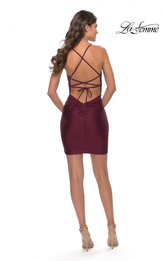 Picture of: Lace Up Back Short Dress with Flattering Ruching in Dark Berry, Style: 30938, Detail Picture 3