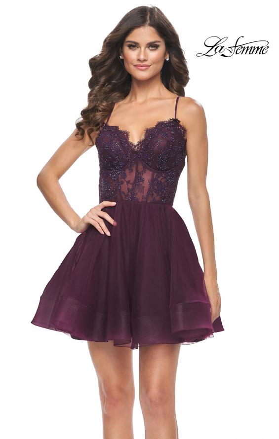 Picture of: Short Dress with Flared Skirt and Sheer Lace Bodice in Dark Berry, Style: 31769, Detail Picture 3