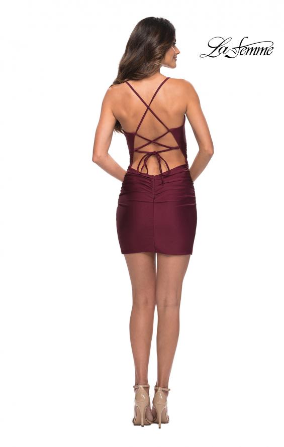 Picture of: Criss Cross Ruched Front Jersey Dress with Open Back in Dark Berry, Detail Picture 4