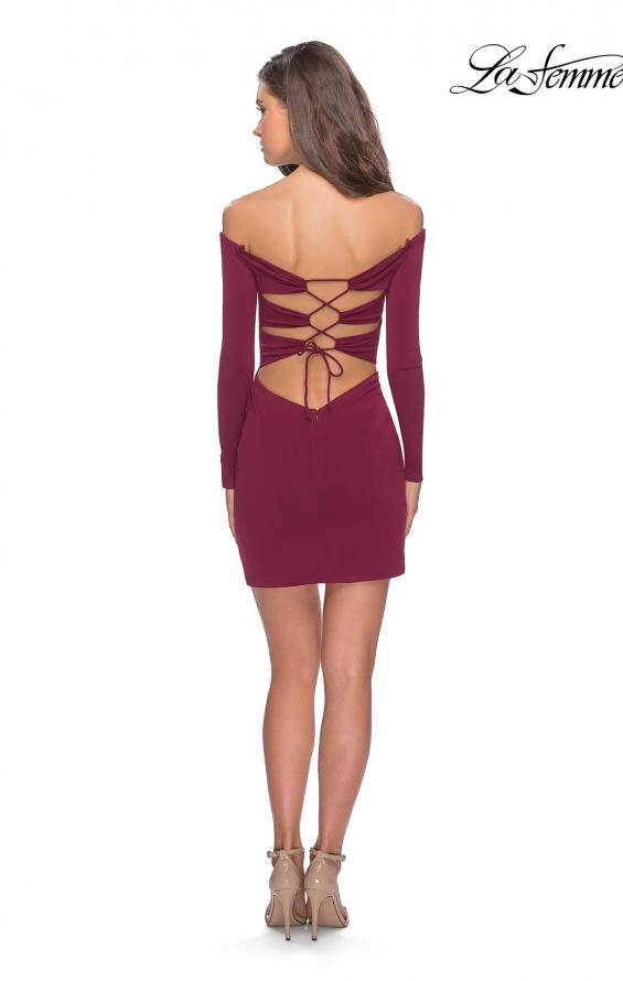 Picture of: Off The Shoulder Long Sleeve Dress with Lace Up Back in Burgundy, Style: 28212, Detail Picture 5