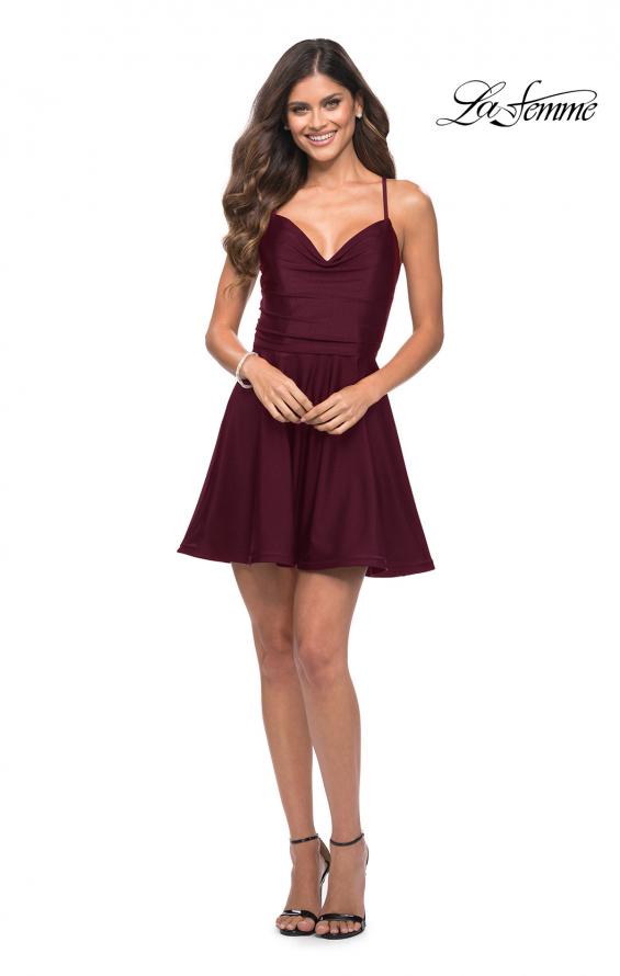 Picture of: Jersey Fit and Flare Dress with Draped V Neckline in Dark Berry, Detail Picture 5