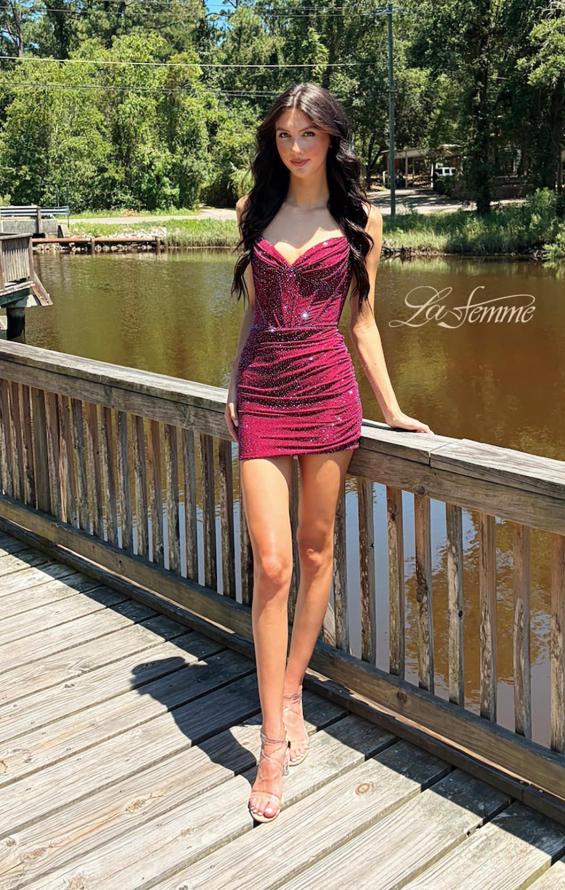 Purple Picture of: Sparkling Ruched Bodycon Mini Dress in Dark Berry, Style: 33235, Detail Picture 5