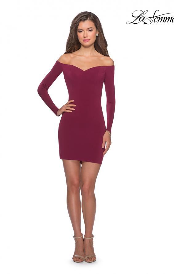 Picture of: Off The Shoulder Long Sleeve Dress with Lace Up Back in Burgundy, Style: 28212, Detail Picture 6