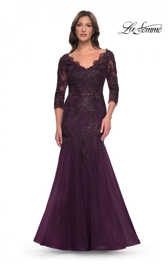 Picture of: Mermaid Tulle and Lace Dress with Scallop Detailed Neckline in Dark Berry, Style: 30823, Main Picture