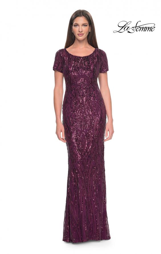 Picture of: Short Sleeve Print Sequin Evening Dress in Dark Berry, Style: 31852, Main Picture