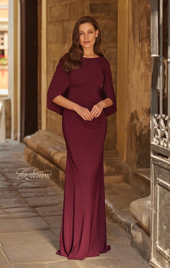 Purple Picture of: Draped Cape Sleeve Jersey Gown with Ruched Bodice in Dark Berry, Style: 33148, Main Picture