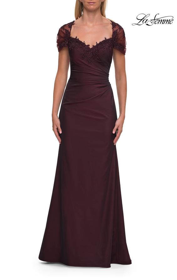 Picture of: Embroidered Lace Sleeve Gown with Keyhole Back in Dark Berry, Style: 33579, Main Picture