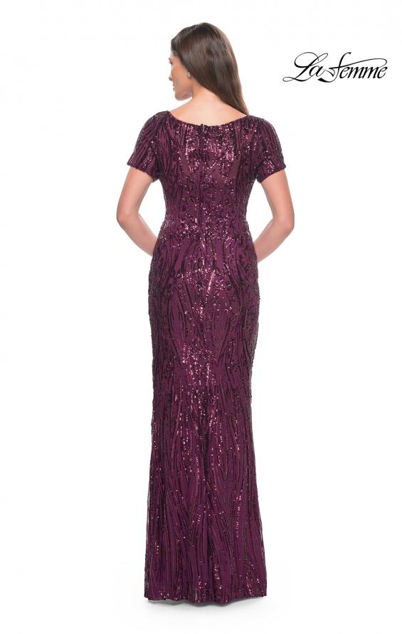 Picture of: Short Sleeve Print Sequin Evening Dress in Dark Berry, Style: 31852, Back Picture