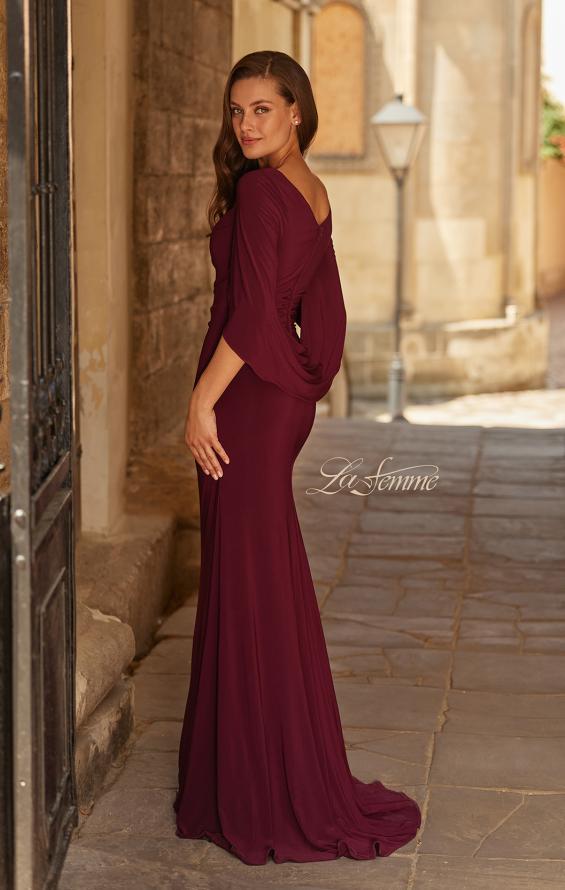 Purple Picture of: Draped Cape Sleeve Jersey Gown with Ruched Bodice in Dark Berry, Style: 33148, Back Picture