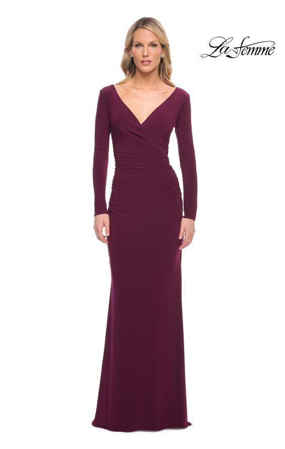 Picture of: Long Sleeve Jersey Evening Dress with Ruching in Dark Berry, Detail Picture 1