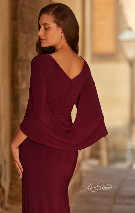 Purple Picture of: Draped Cape Sleeve Jersey Gown with Ruched Bodice in Dark Berry, Style: 33148, Detail Picture 2