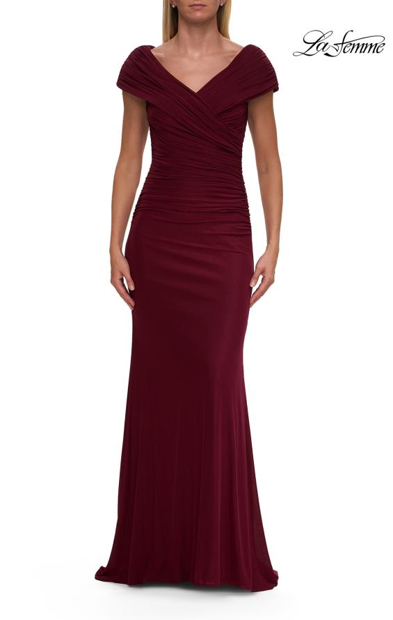 Picture of: Off the Shoulder Ruched Net Jersey Evening Dress in Dark Berry, Style: 29558, Detail Picture 3
