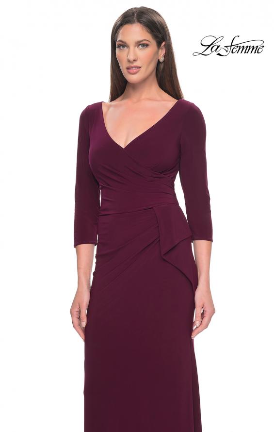Picture of: Three Quarter Sleeve Jersey Evening Dress with Ruffle Detail in Dark Berry, Style: 30967, Detail Picture 3