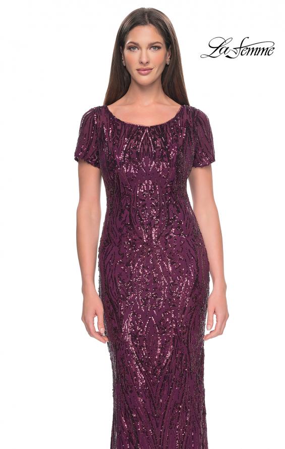Picture of: Short Sleeve Print Sequin Evening Dress in Dark Berry, Style: 31852, Detail Picture 3