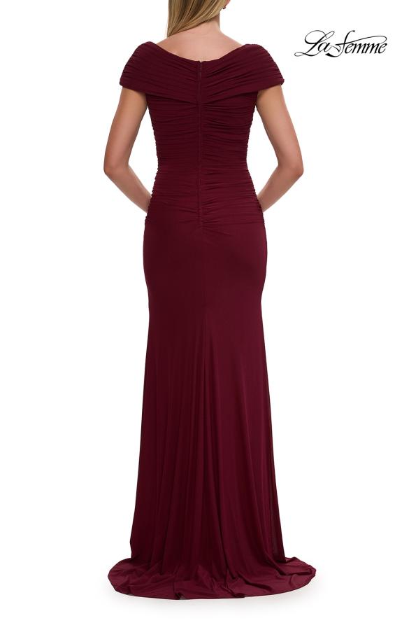 Picture of: Off the Shoulder Ruched Net Jersey Evening Dress in Dark Berry, Style: 29558, Detail Picture 4