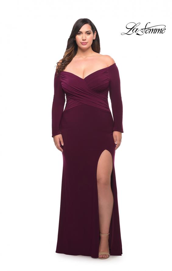 Picture of: Long Sleeve Off the Shoulder Plus Size Gown in Dark Berry, Style: 29530, Main Picture