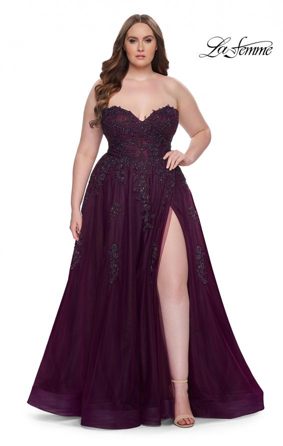 Picture of: Strapless Lace and Tulle A-Line Plus Gown with Tie Back in Dark Berry, Style: 31570, Main Picture