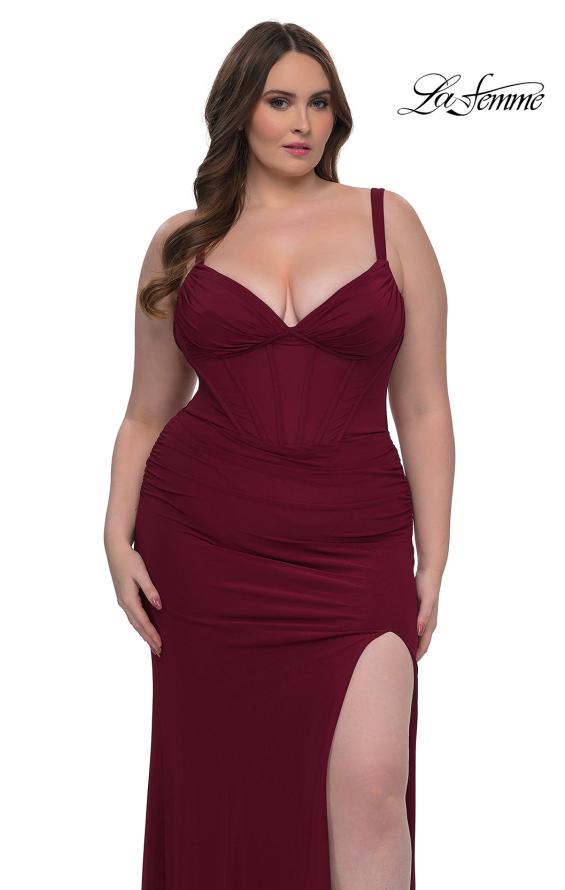 Picture of: Flattering Curve Dress with Corset Top and Ruched Skirt in Dark Berry, Style: 33015, Main Picture