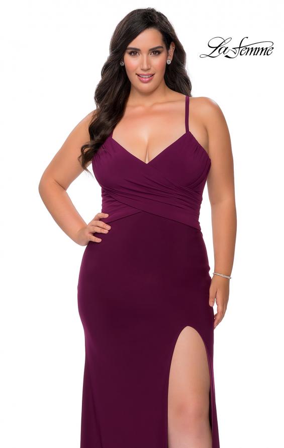 Picture of: Jersey Plus Size Dress with Slit and Lace Up Back in Burgundy, Style: 29055, Detail Picture 8