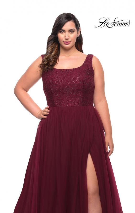 Picture of: A-line Tulle and Lace Plus Size Gown with Slit in Dark Berry, Style: 29070, Detail Picture 10