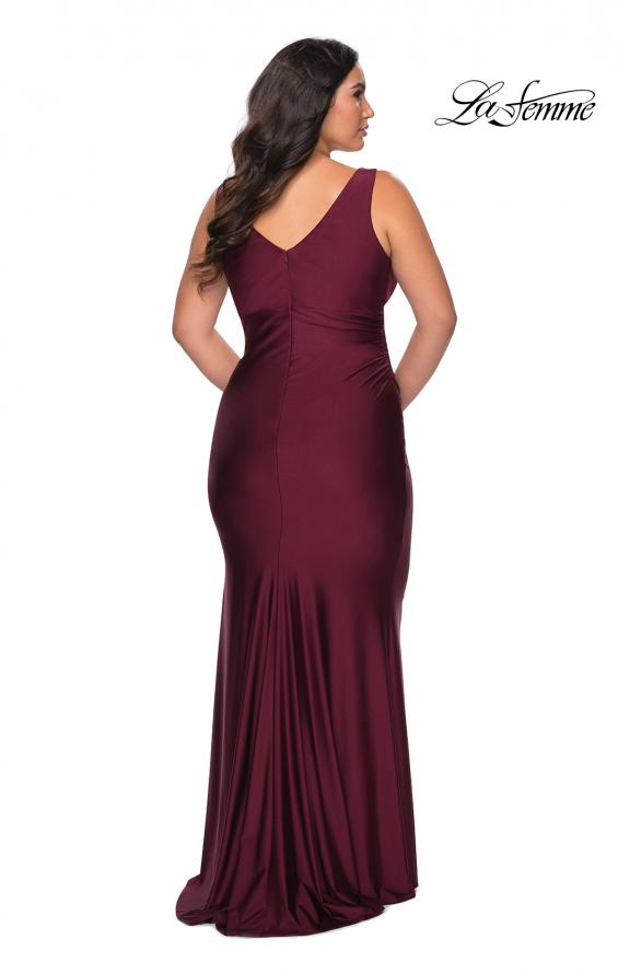 Picture of: Simple Jersey Plus Size Gown with Faux Wrap Bodice in Burgundy, Style: 29028, Back Picture