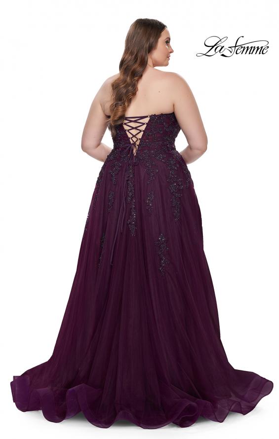 Picture of: Strapless Lace and Tulle A-Line Plus Gown with Tie Back in Dark Berry, Style: 31570, Back Picture