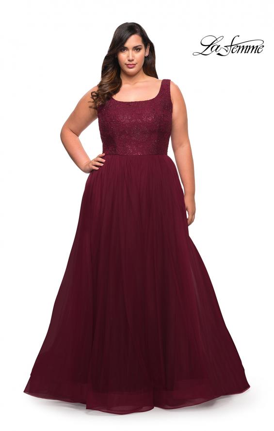 Picture of: A-line Tulle and Lace Plus Size Gown with Slit in Dark Berry, Style: 29070, Detail Picture 1