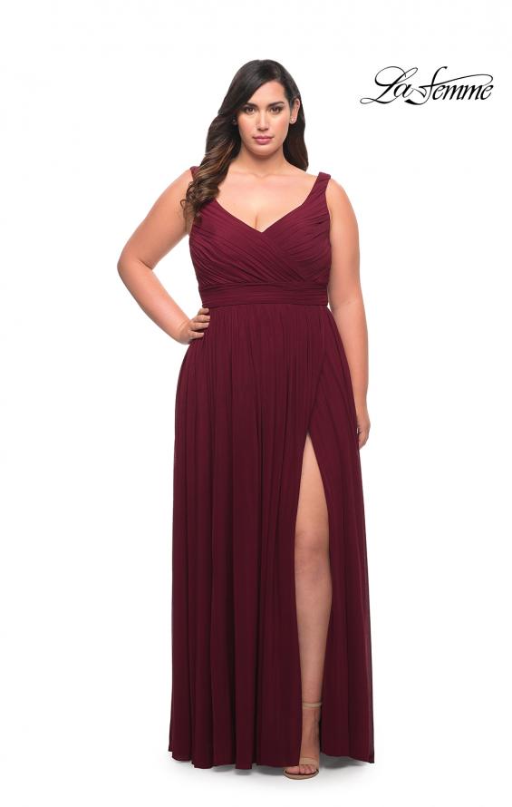Picture of: Net Jersey Plus Size Long Dress with Slit and V Neck in Dark Berry, Style: 29075, Detail Picture 1