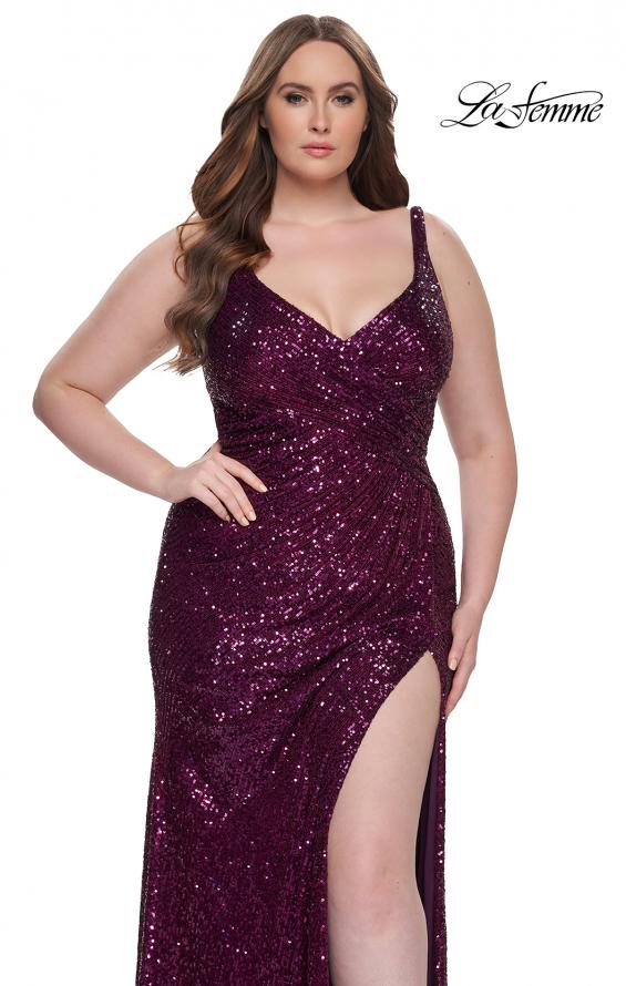 Picture of: Sequin Plus Size Dress with Ruching and Slit in Dark Berry, Style: 31138, Detail Picture 1