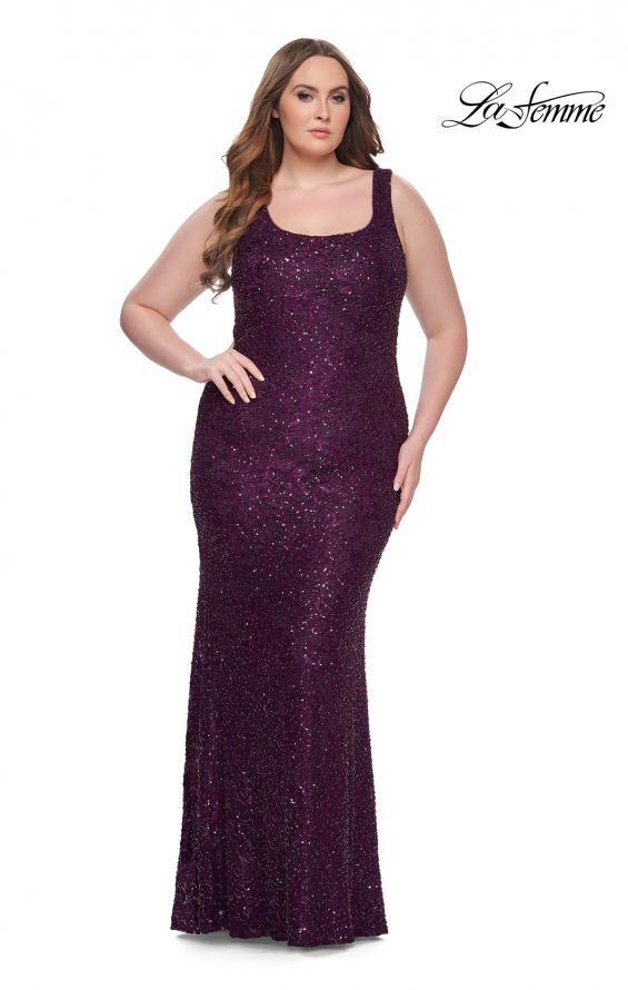 Picture of: Beaded Lace Plus Size Fitted Dress with Square Neckline in Dark Berry, Style: 31605, Detail Picture 1