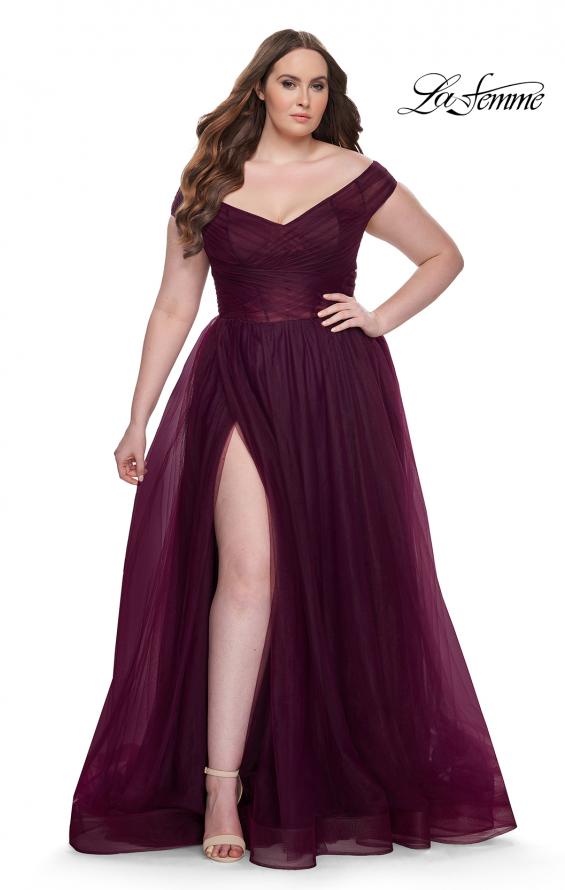 Picture of: A-Line Tulle Off the Shoulder Plus Size Dress with Slit in Dark Berry, Style: 32204, Detail Picture 1