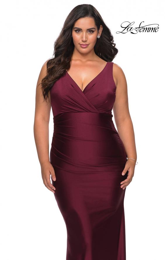 Picture of: Simple Jersey Plus Size Gown with Faux Wrap Bodice in Burgundy, Style: 29028, Detail Picture 3