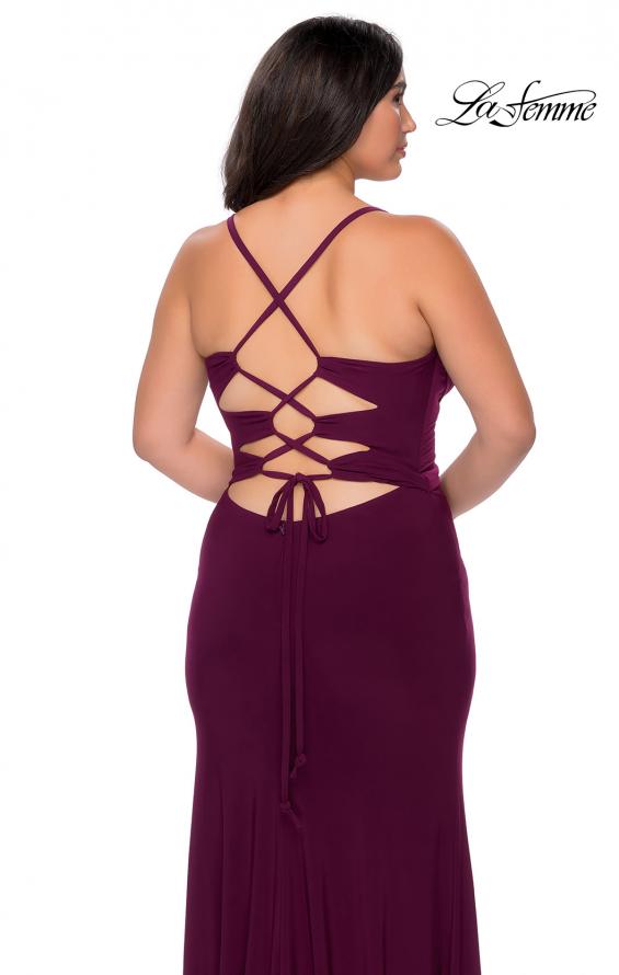 Picture of: Jersey Plus Size Dress with Slit and Lace Up Back in Burgundy, Style: 29055, Detail Picture 3