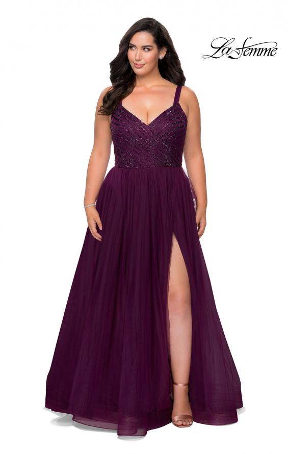Picture of: Plus Size A-line Prom Gown with Rhinestone Bodice in Burgundy, Style: 29060, Detail Picture 3