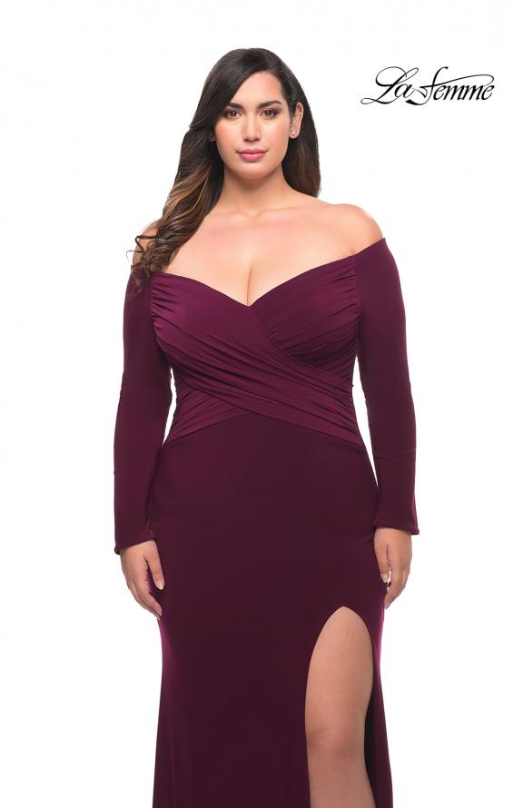 Picture of: Long Sleeve Off the Shoulder Plus Size Gown in Dark Berry, Style: 29530, Detail Picture 3
