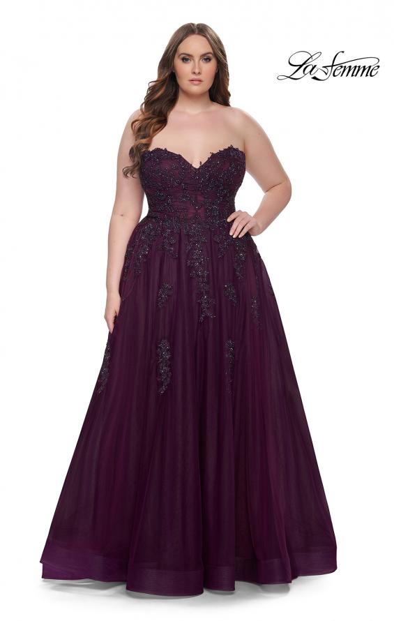 Picture of: Strapless Lace and Tulle A-Line Plus Gown with Tie Back in Dark Berry, Style: 31570, Detail Picture 3