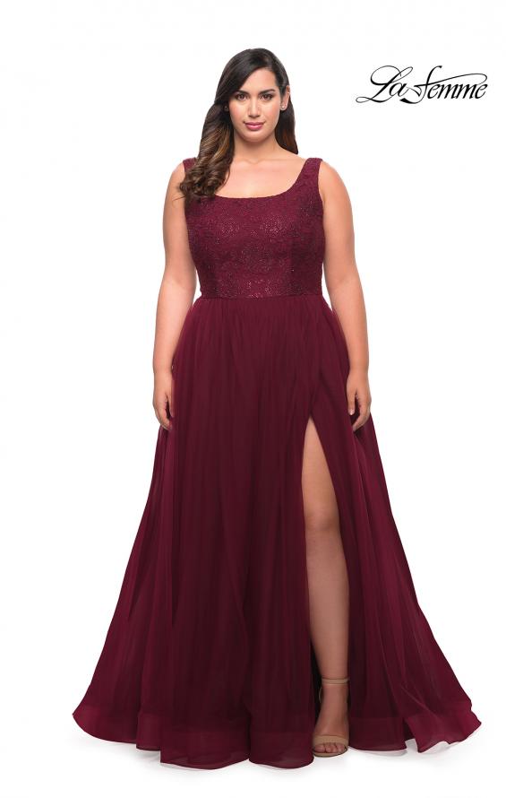Picture of: A-line Tulle and Lace Plus Size Gown with Slit in Dark Berry, Style: 29070, Detail Picture 4