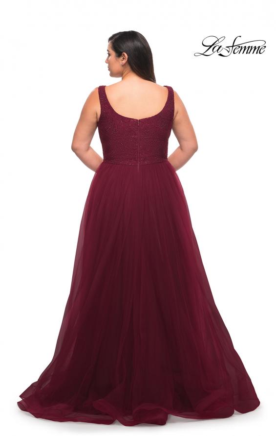 Picture of: A-line Tulle and Lace Plus Size Gown with Slit in Dark Berry, Style: 29070, Detail Picture 5