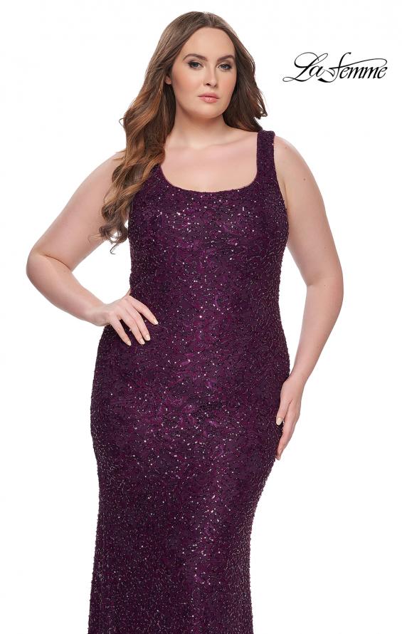 Picture of: Beaded Lace Plus Size Fitted Dress with Square Neckline in Dark Berry, Style: 31605, Detail Picture 5