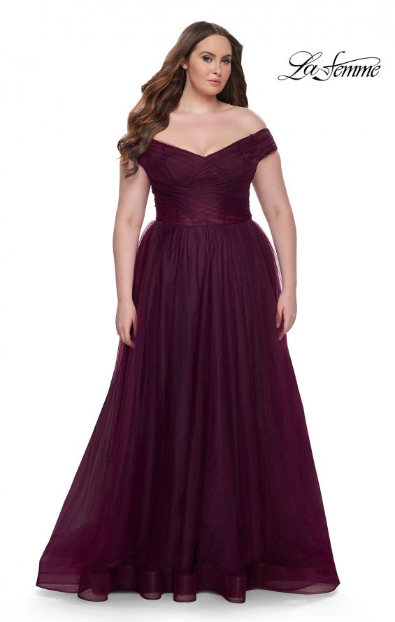 Picture of: A-Line Tulle Off the Shoulder Plus Size Dress with Slit in Dark Berry, Style: 32204, Detail Picture 5