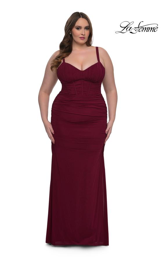 Picture of: Corset Net Jersey Plus Size Dress with V Neck in Dark Berry, Style: 32402, Detail Picture 5
