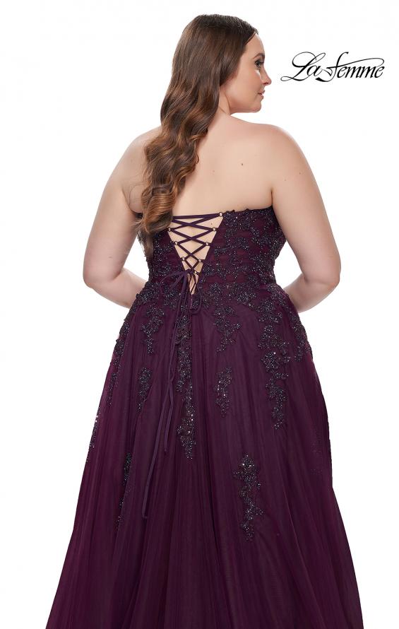 Picture of: Strapless Lace and Tulle A-Line Plus Gown with Tie Back in Dark Berry, Style: 31570, Detail Picture 6